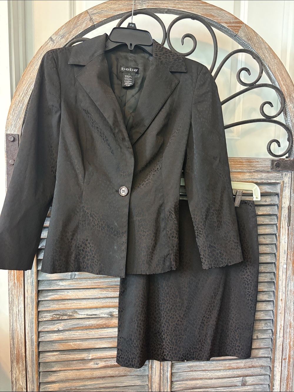 bebe Chocolate Jacquard Two-Piece Blazer and Skirt Set